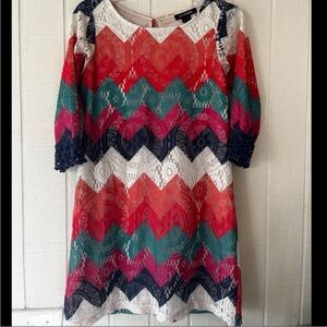 My Michelle Multicolor Chevron Lace Dress - Coral, Teal, Navy, Pink, White